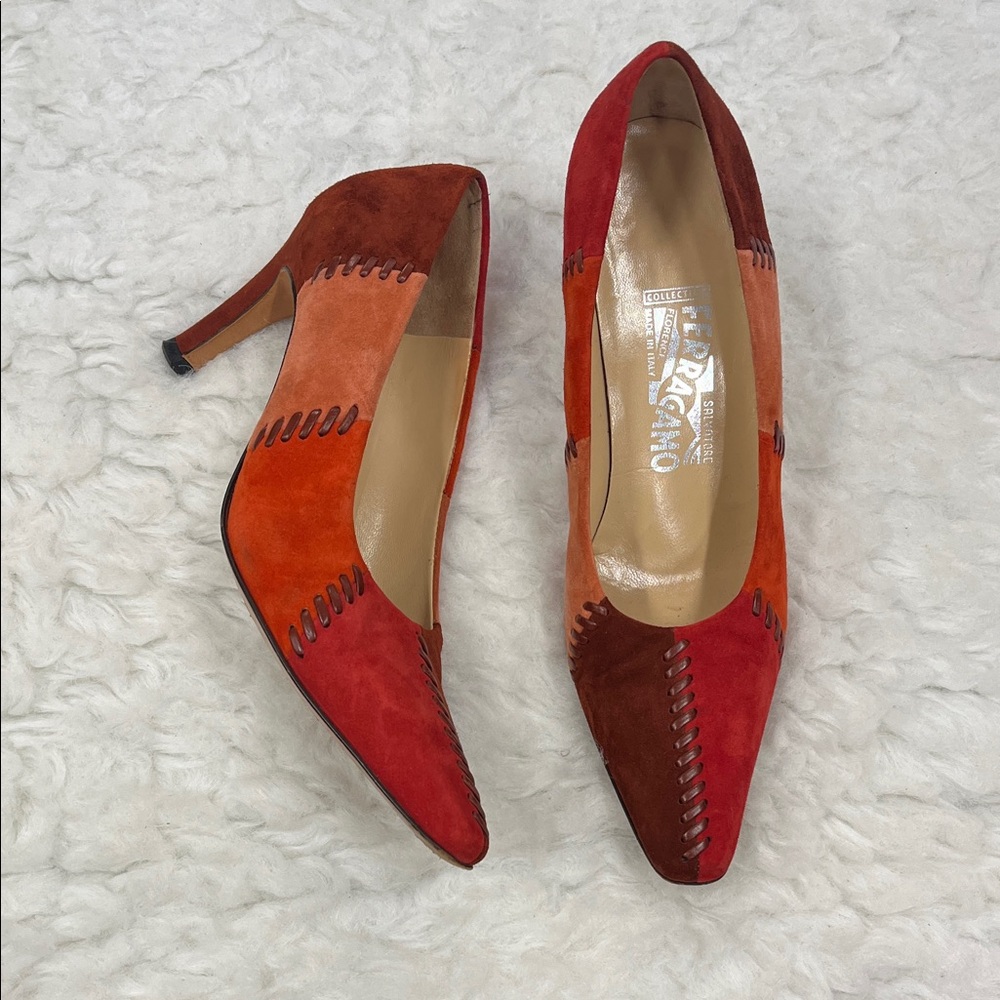 Salvatore Ferragamo Red and Orange Suede Heels